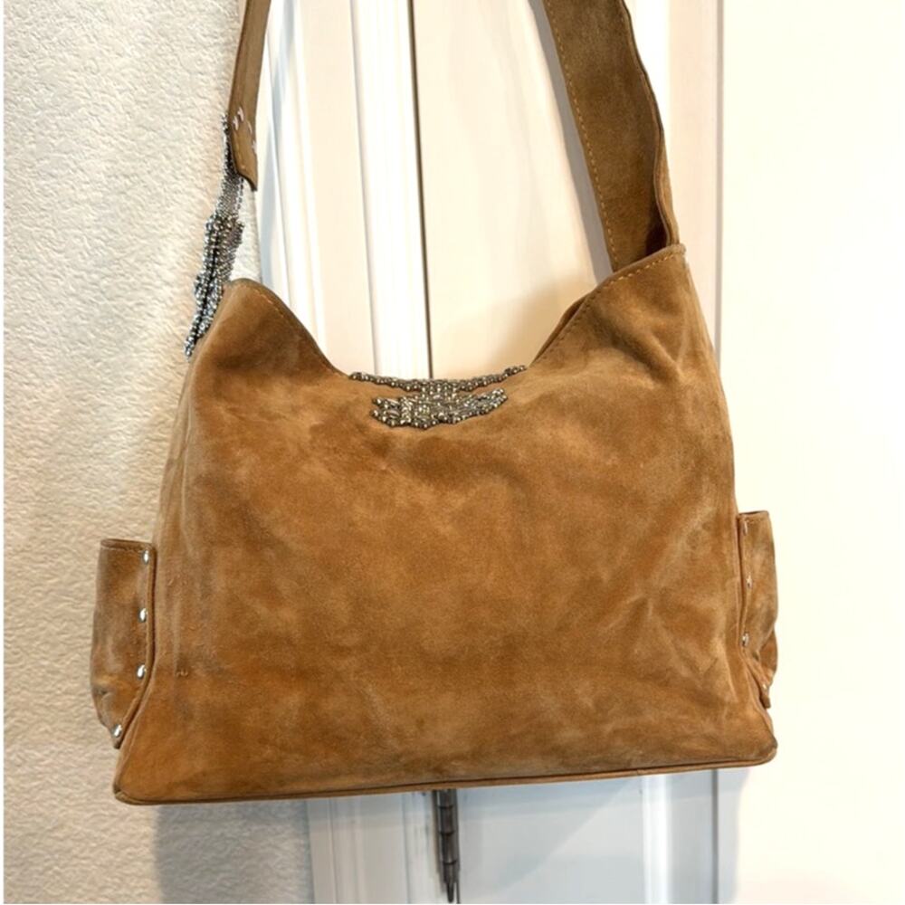 Sergio Gutierrez Liquid Metal collection camel suede crossbody shoulder bag - Picture 7 of 16